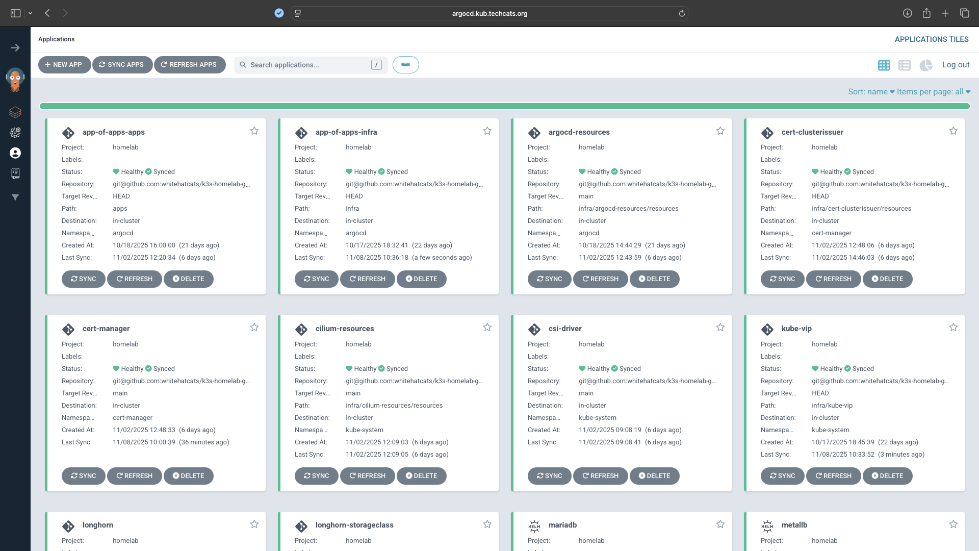Terminal and Argo CD views displaying synchronized Kubernetes applications and their source repositories.