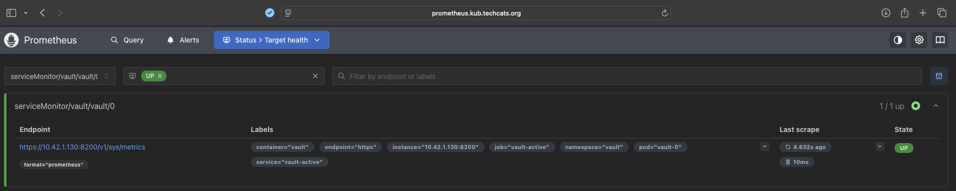 Prometheus target view of Vault metrics